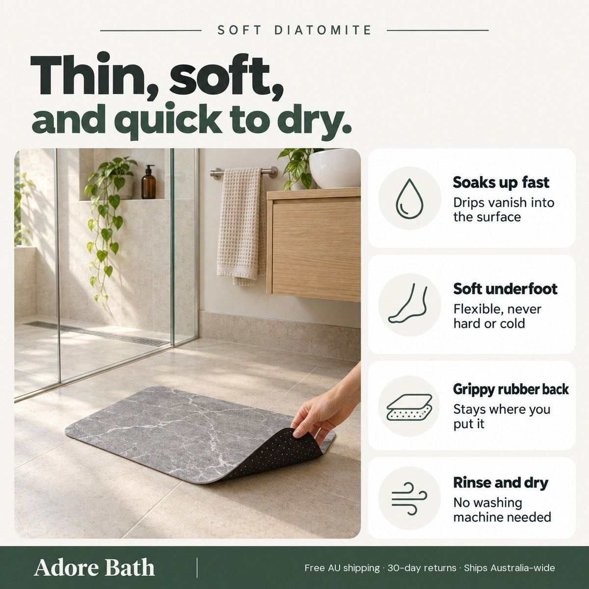 Soft diatomite bath mat with grippy rubber back and four key features