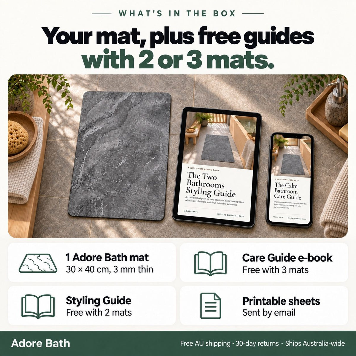 The bath mat with the free digital guides included with 2 or 3 mats