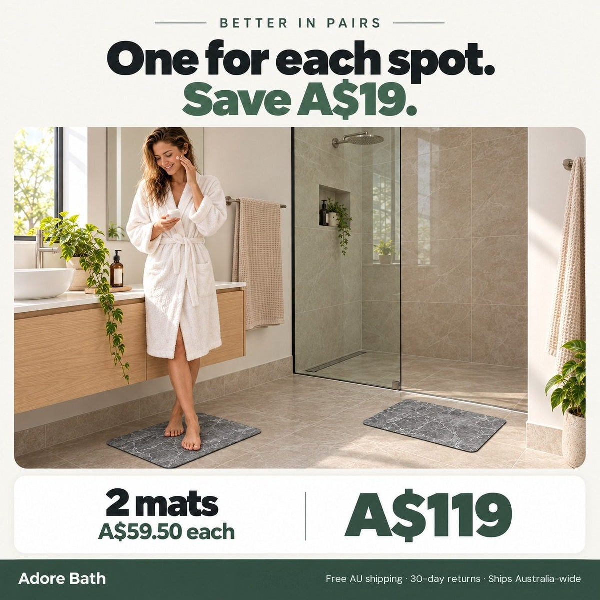 Two marble-grey bath mats in one bathroom, pair offer A$119