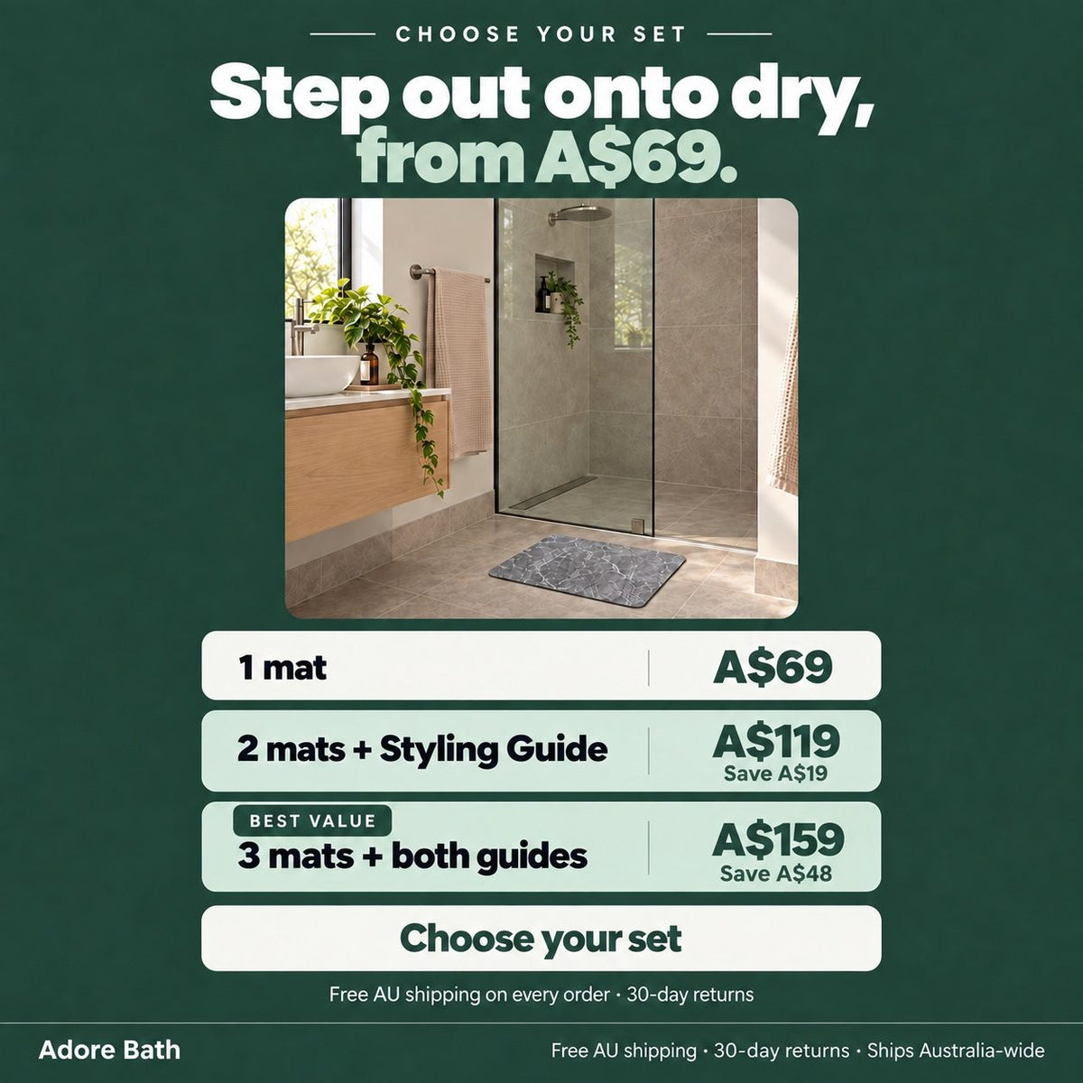 Choose one mat for A$69, two mats for A$119 or three mats for A$159