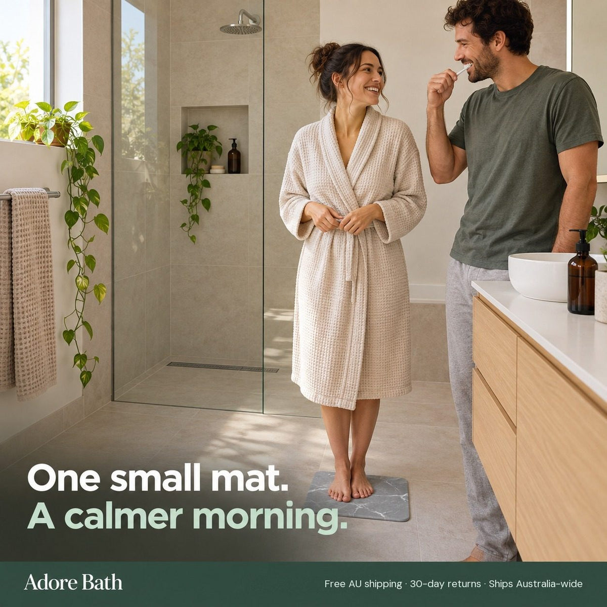 Couple getting ready in the morning with the bath mat outside the shower