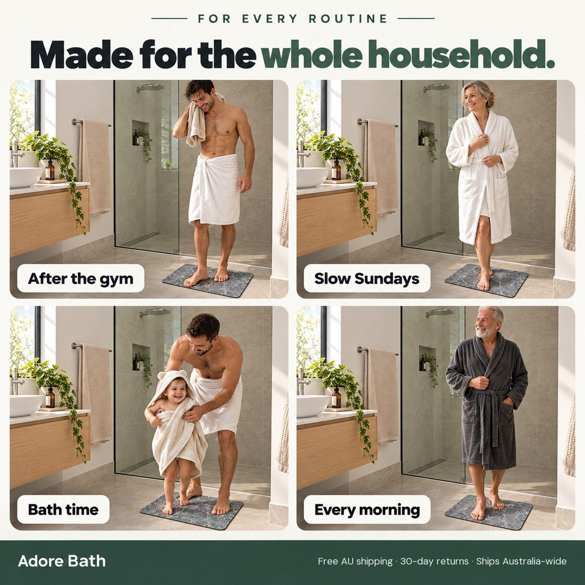 Four household members using the same bath mat after the shower