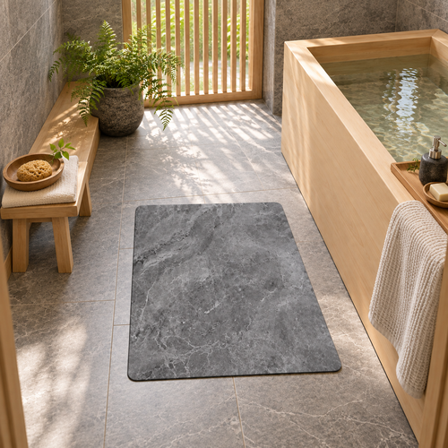 Tapis de bain gris dans une salle de bain en bois et pierre