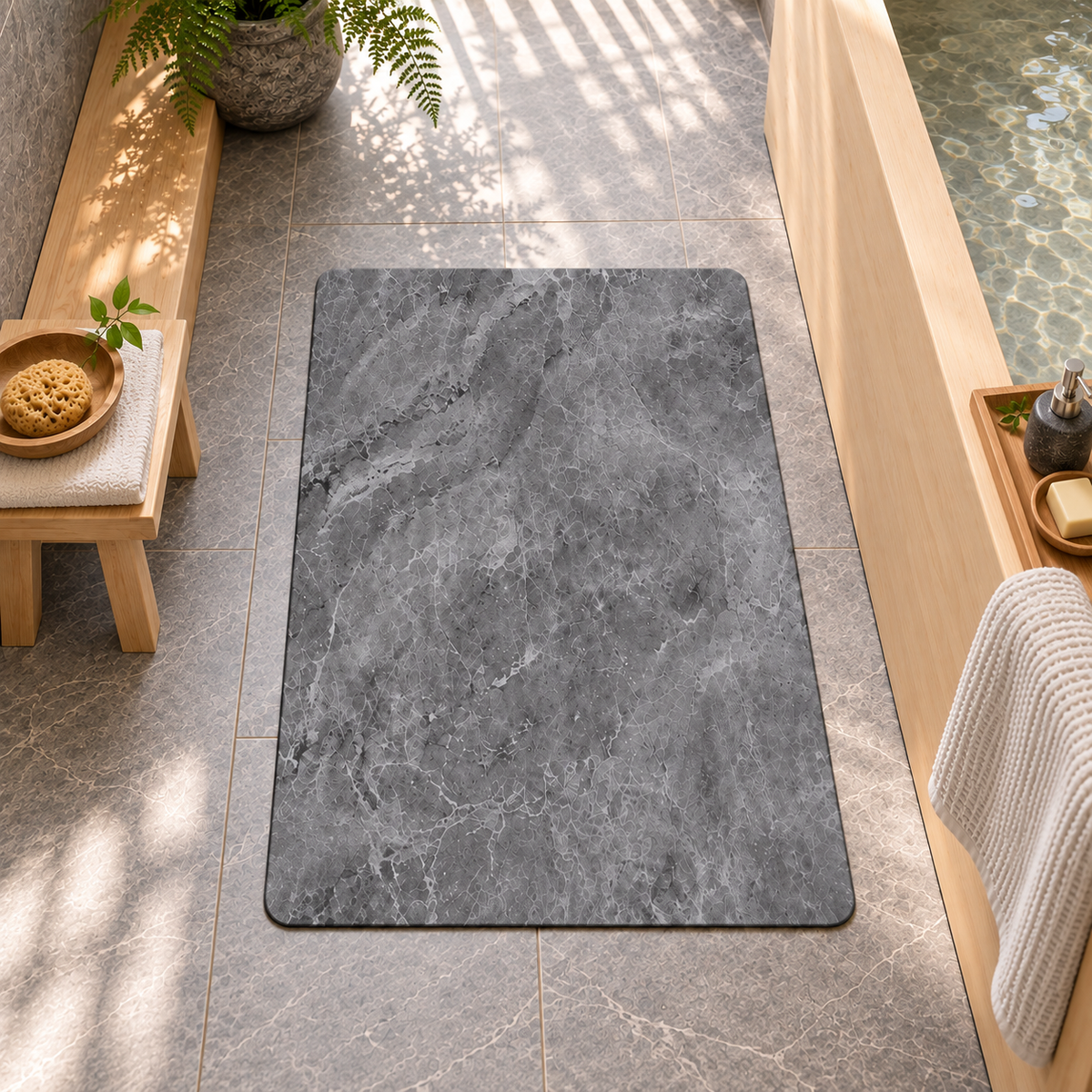 Vue rapprochée du tapis de bain gris