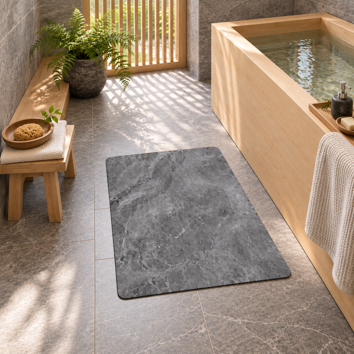 Tapis de bain gris dans une salle de bain inspirée du Japon